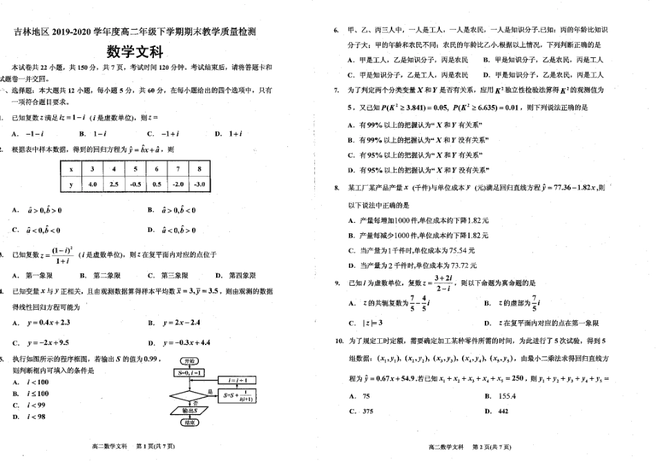 吉林省吉林市 高二数学下学期期末考试试卷 文(PDF)试卷_第1页