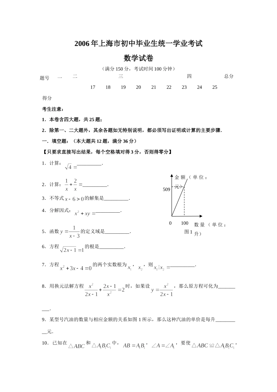 初中毕业统一学业考试度试题及答案 上海市历史中考数学试题及答案_第1页