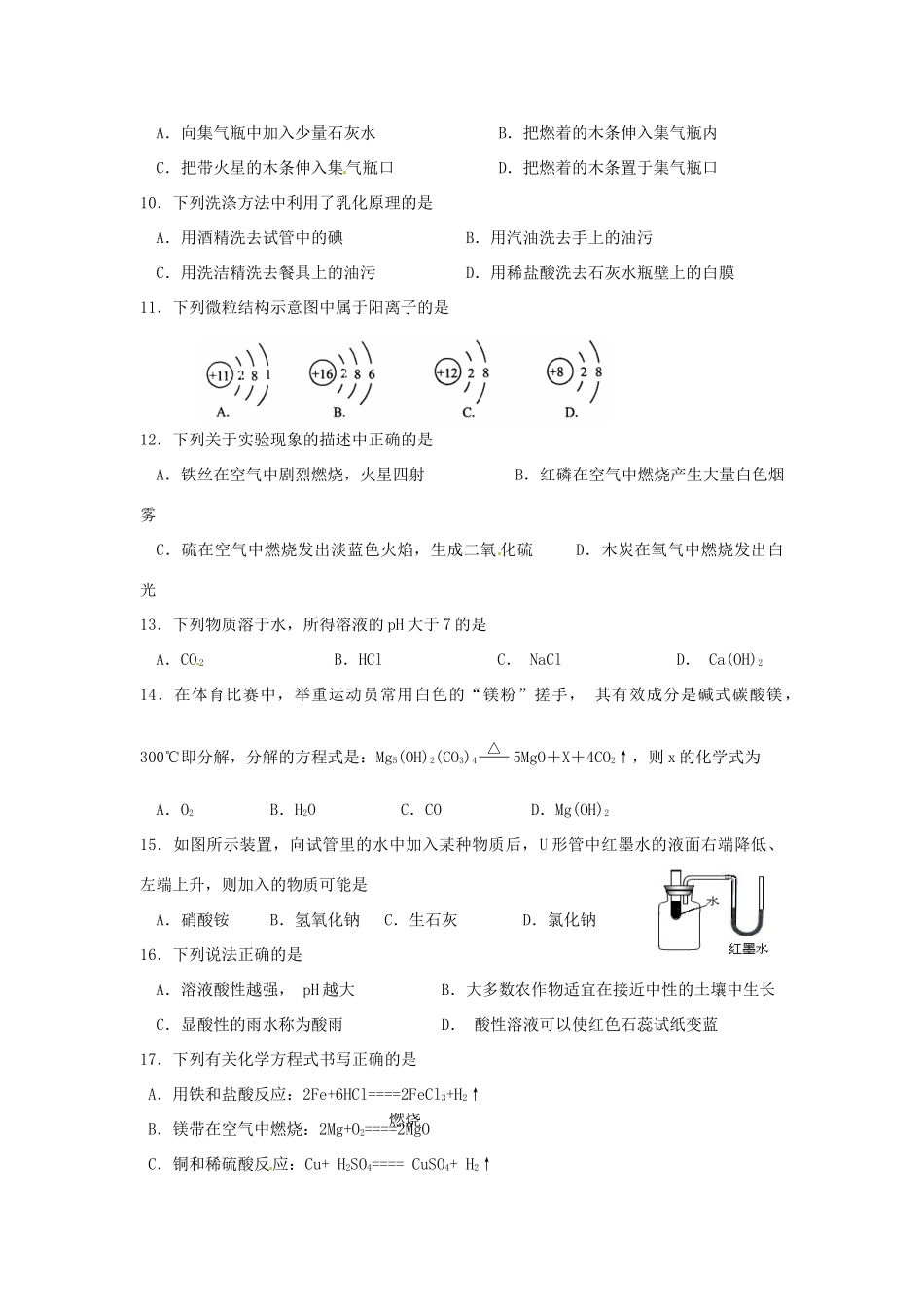 九年级化学测试卷2试卷_第2页