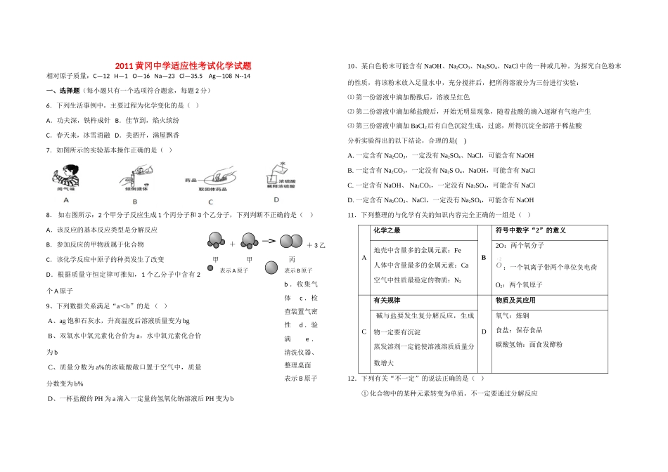 九年级化学适应性考试卷人教新课标版试卷_第1页