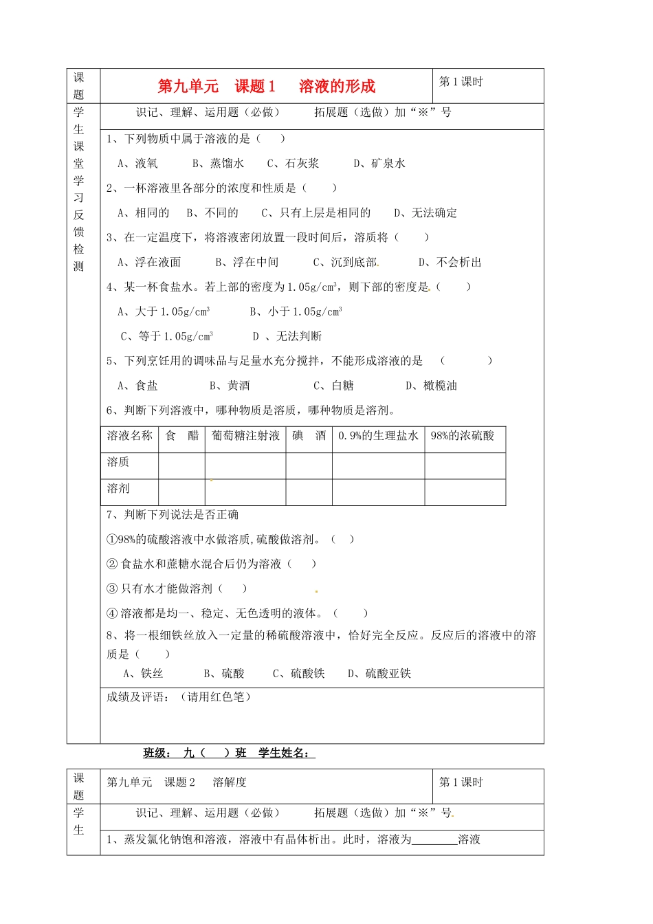 九年级化学下册 09第九单元 课题1 溶液的形成独立检测 新人教版试卷_第1页