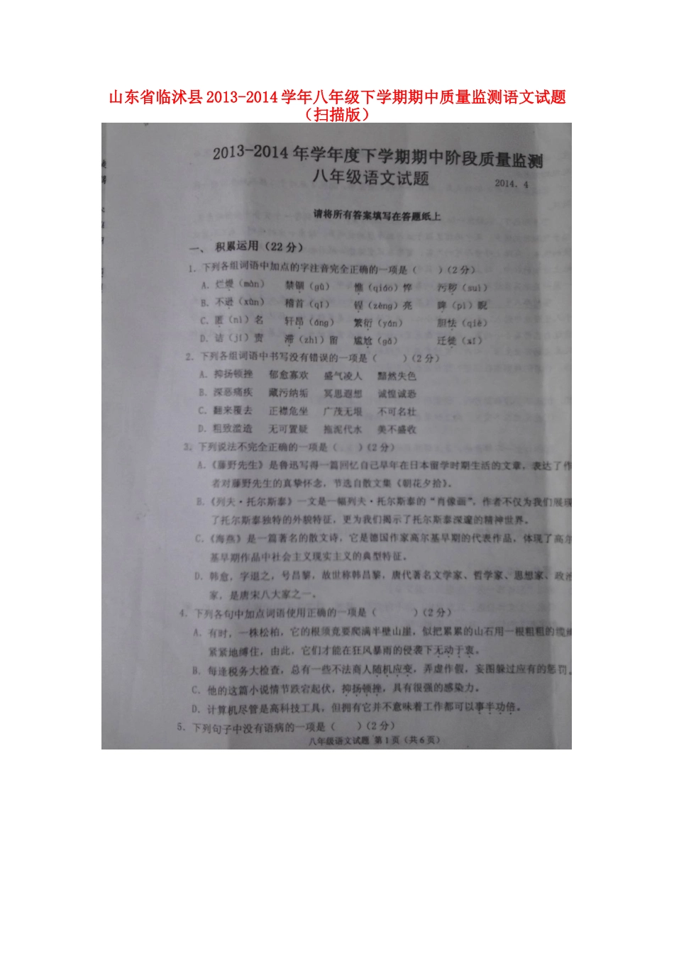 山东省临沭县八年级语文下学期期中质量监测试卷试卷_第1页