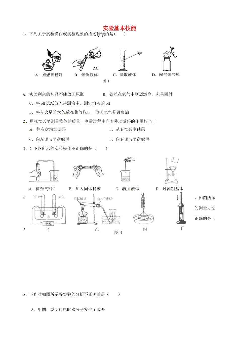 九年级化学下册 实验基本技能复习 新人教版试卷_第1页