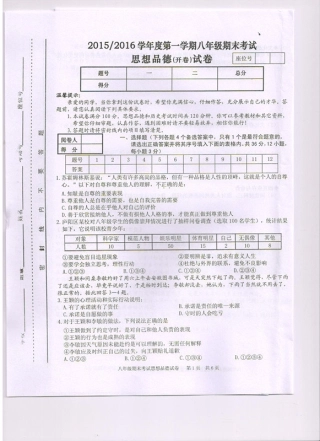 安徽省合肥市 八年级政治上学期期末考试试卷(pdf) 粤教版试卷