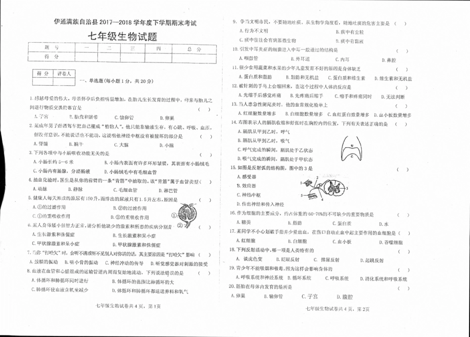 吉林省伊通满族自治县七年级生物下学期期末试卷(pdf) 新人教版试卷_第1页