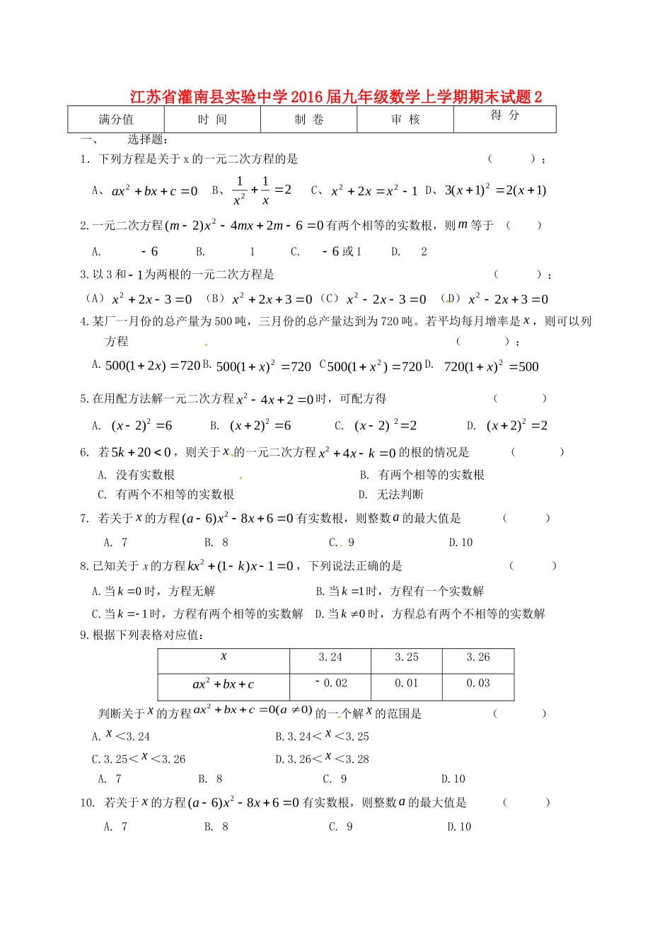 九年级数学上学期期末考试试卷2 苏科版试卷_第1页