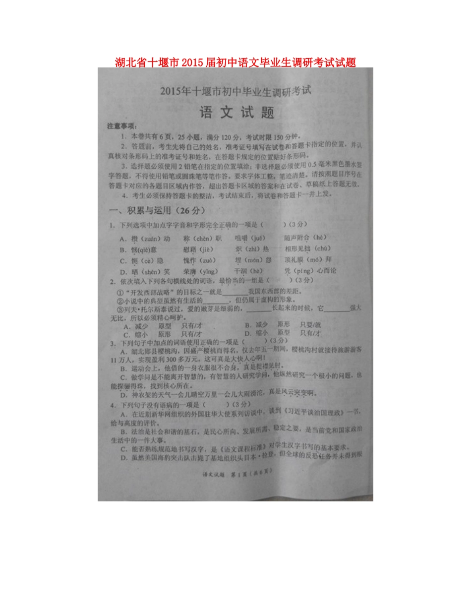 初中语文毕业生调研考试试题(扫描版) 试题_第1页