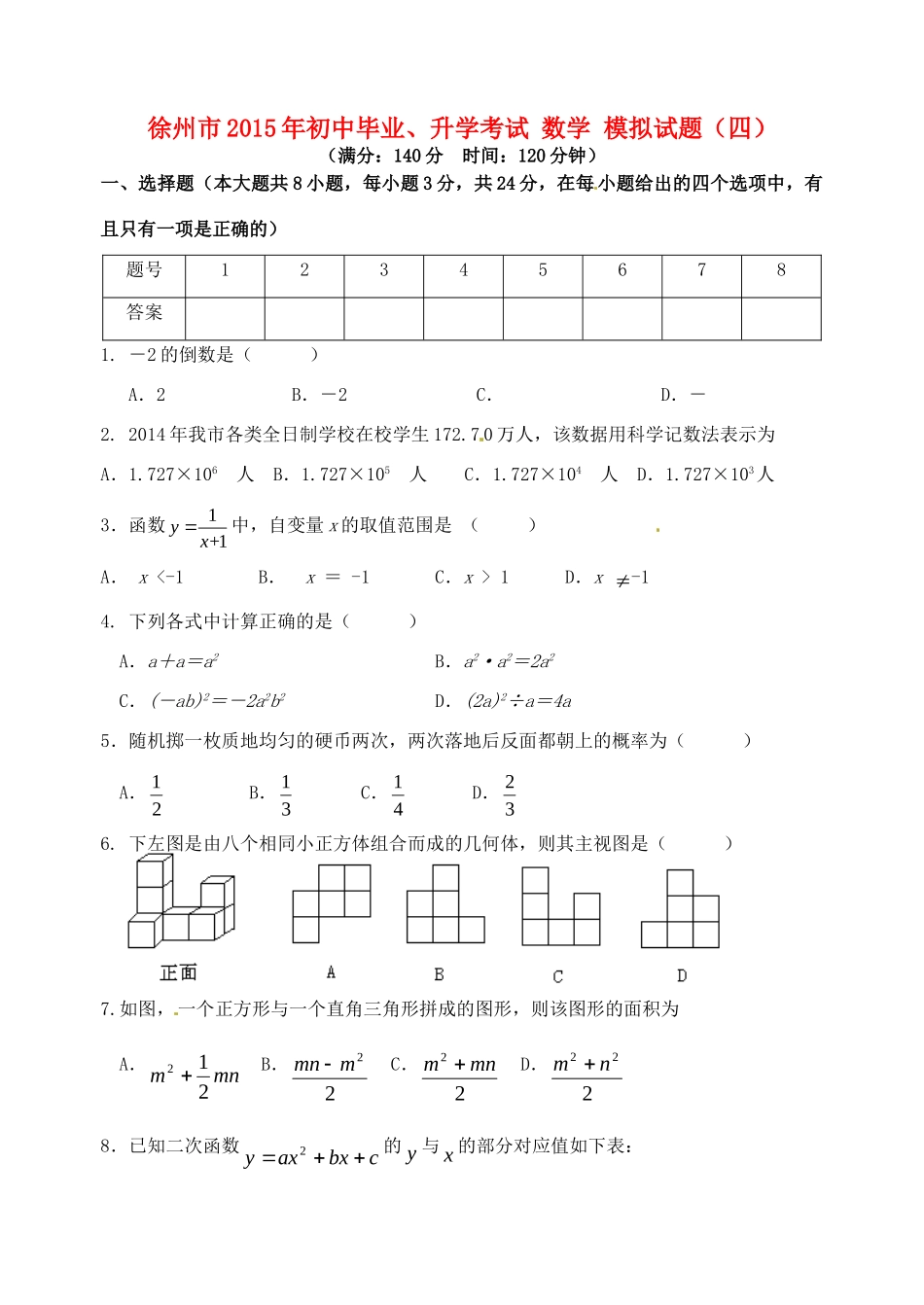 初中数学毕业升学模拟考试试题(四)(无答案) 试题_第1页