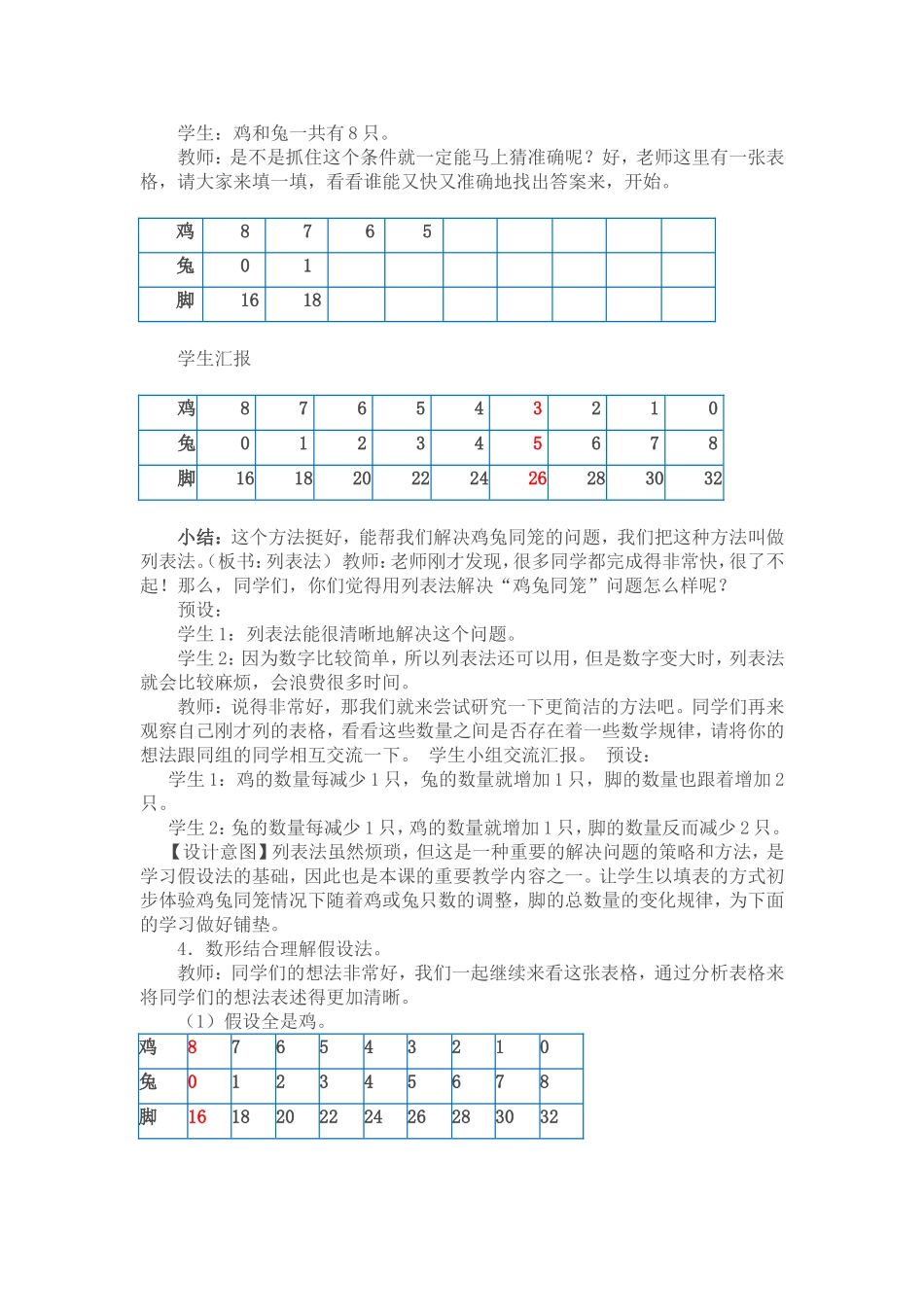 小学数学2011版本小学四年级《鸡兔同笼(一)》教学设计_第2页