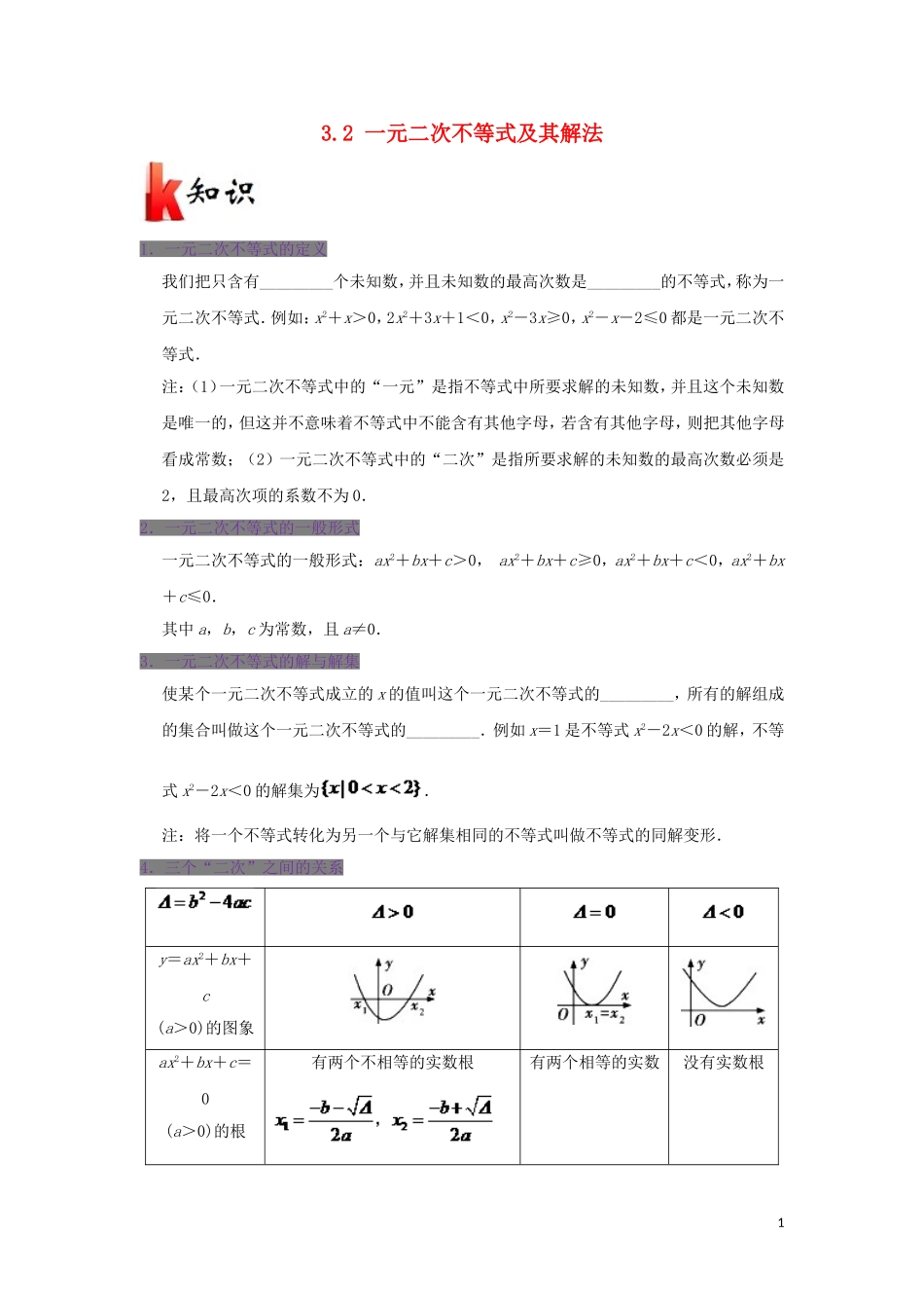 高中数学 第三章 不等式 专题3.2 一元二次不等式及其解法试题 新人教A版必修5-新人教A版高二必修5数学试题_第1页