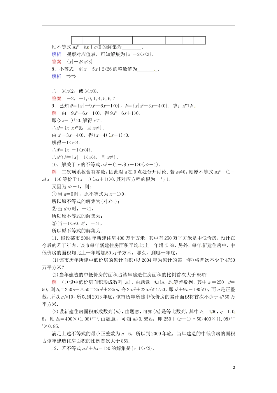 高中数学 3.2一元二次不等式及其解法双基限时练 新人教A版必修5-新人教A版高二必修5数学试题_第2页