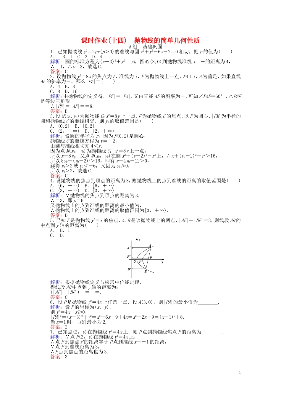 高中数学 第2章 圆锥曲线与方程 14抛物线的简单几何性质课时作业 新人教A版选修2-1-新人教A版高二选修2-1数学试题_第1页