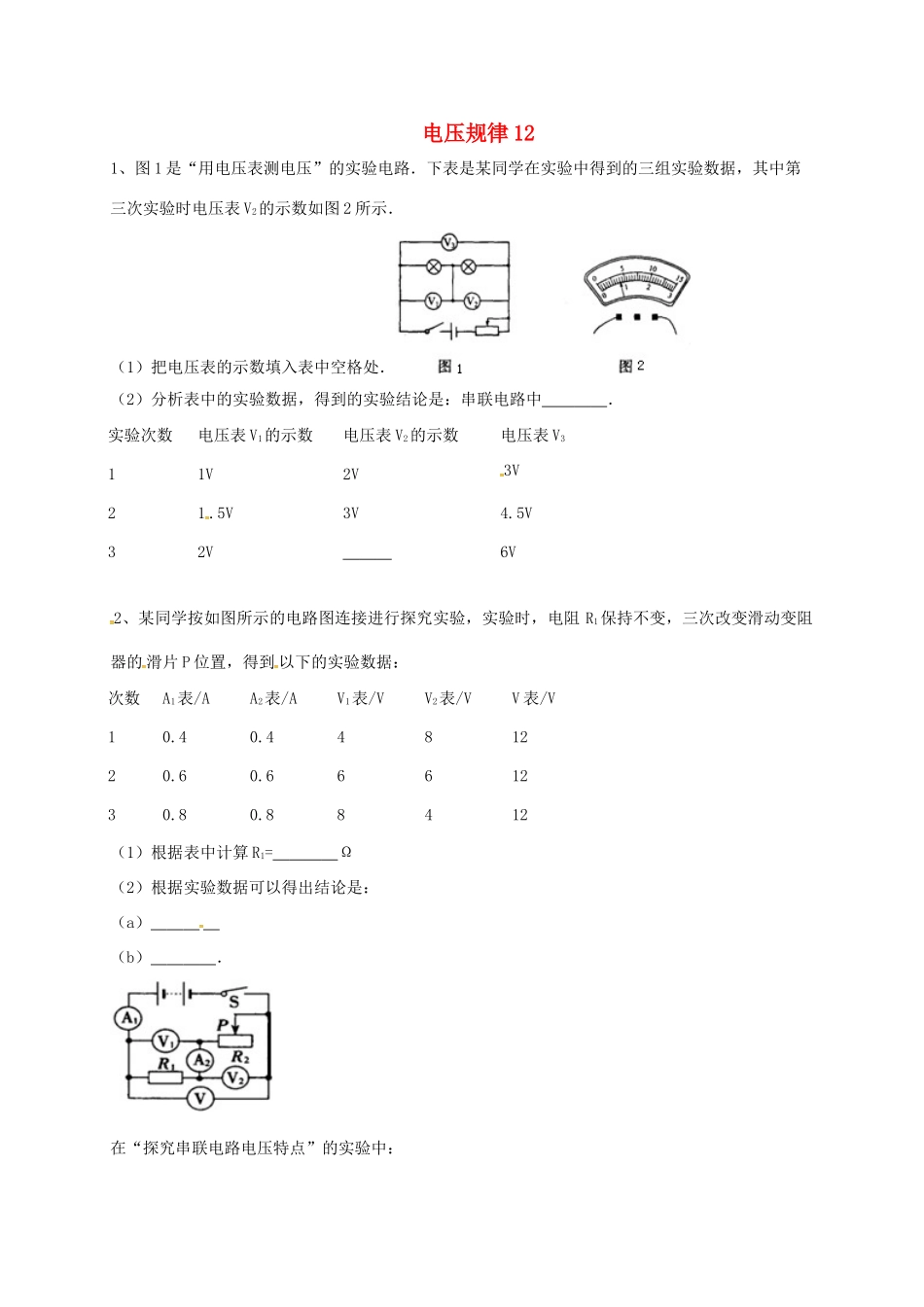 吉林省吉林市中考物理综合复习 电压规律12 新人教版试卷_第1页