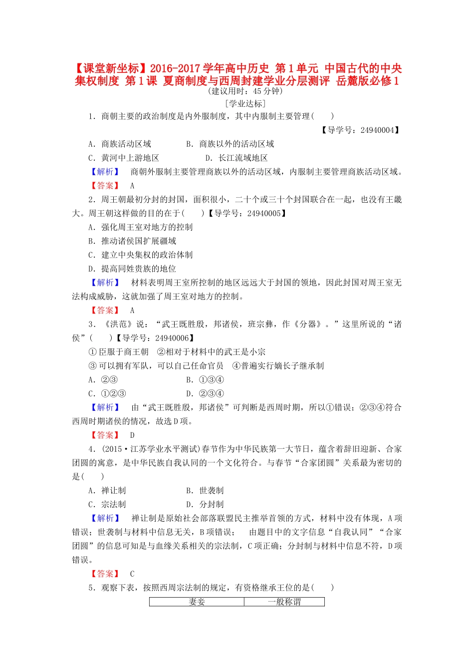 高中历史 第1单元 中国古代的中央集权制度 第1课 夏商制度与西周封建学业分层测评 岳麓版必修1-岳麓版高一必修1历史试题_第1页