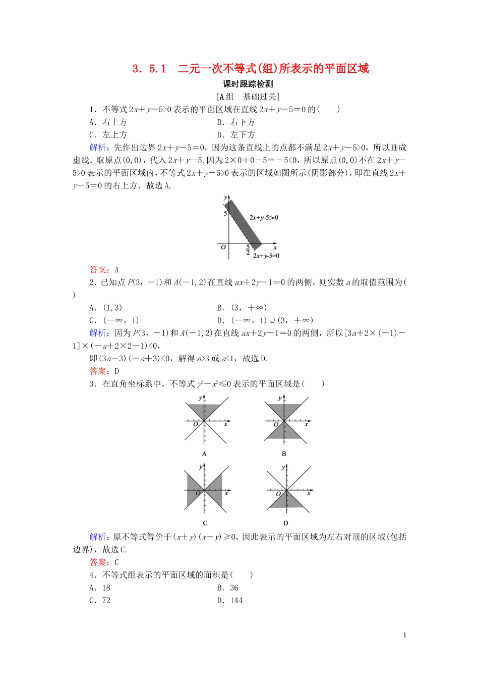 高中数学 第3章 不等式 3.5.1 二元一次不等式(组)所表示的平面区域练习 新人教B版必修5-新人教B版高二必修5数学试题_第1页