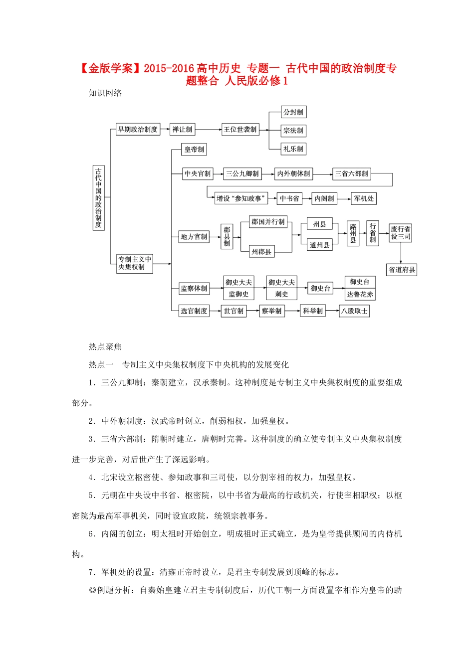 高中历史 专题一 古代中国的政治制度专题整合 人民版必修1-人民版高一必修1历史试题_第1页