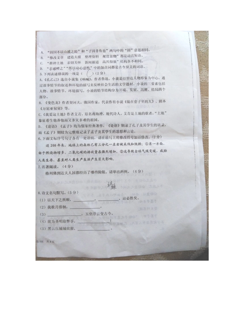 山东省夏津县九年级语文(12月)月考试卷新人教版试卷_第2页