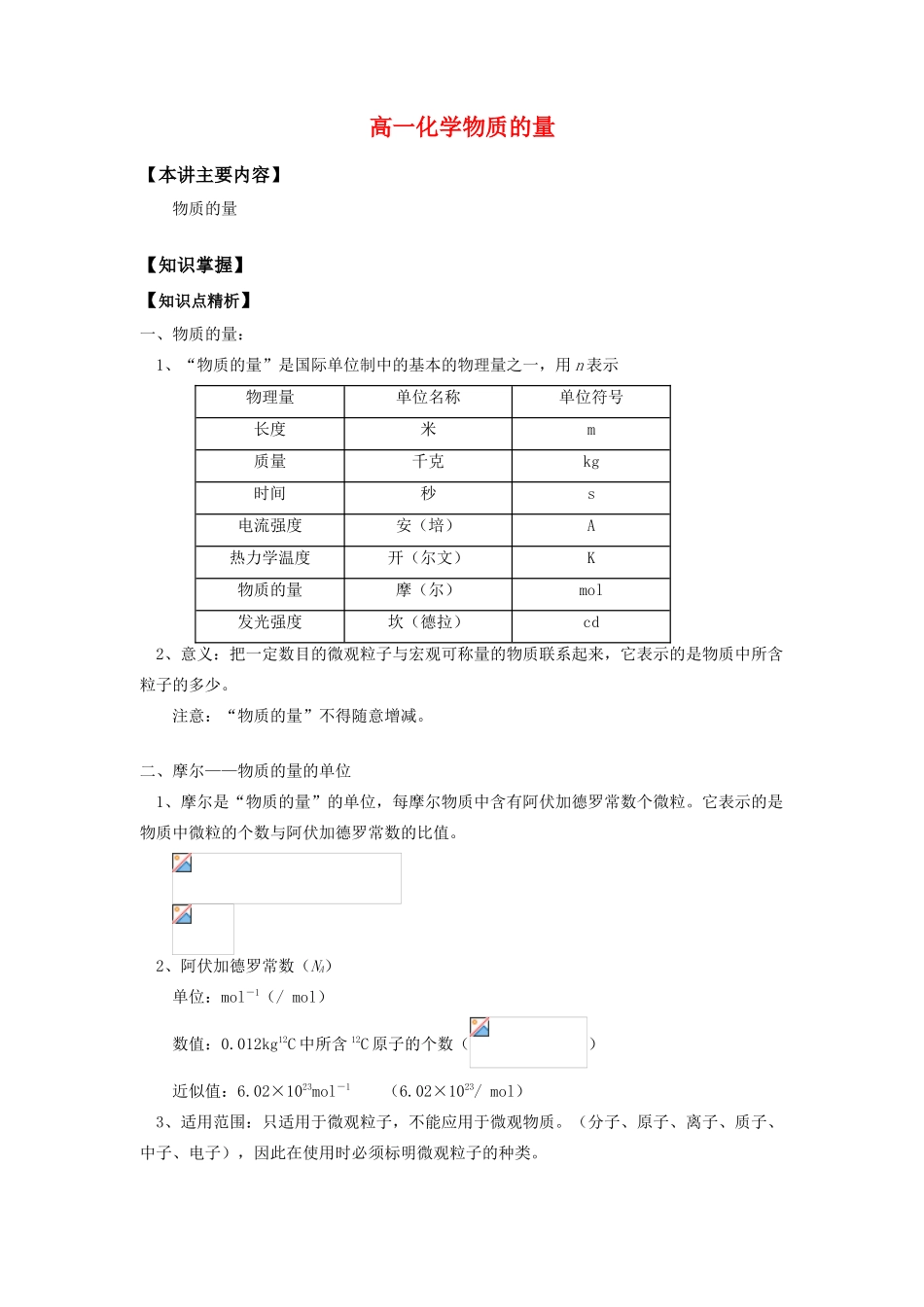 高一化学物质的量知识精讲_第1页