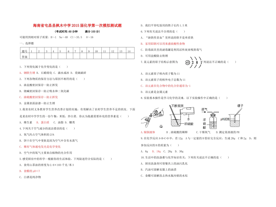 九年级化学第一次模拟测试卷(答案不全) 新人教版试卷_第1页