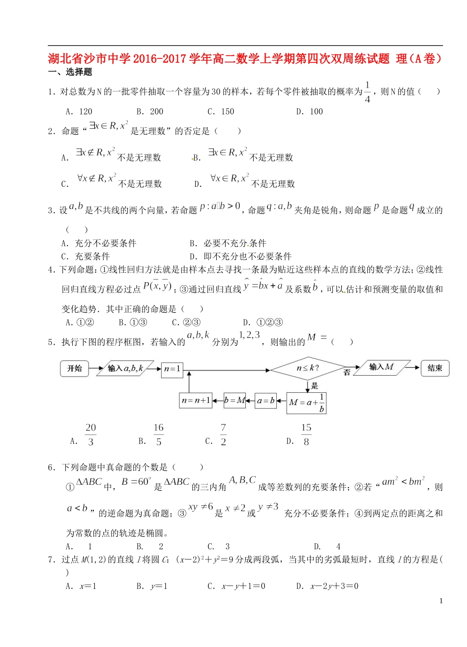 高二数学上学期第四次双周练试题 理（A卷）-人教版高二全册数学试题_第1页