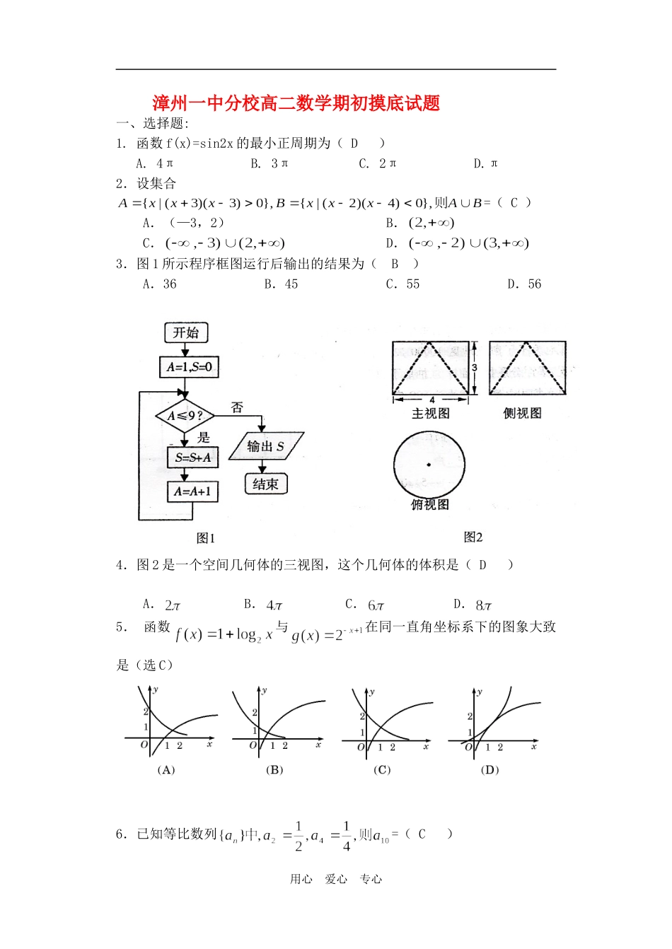 福建漳州一中分校高二数学期初摸底试题人教版必修5_第1页