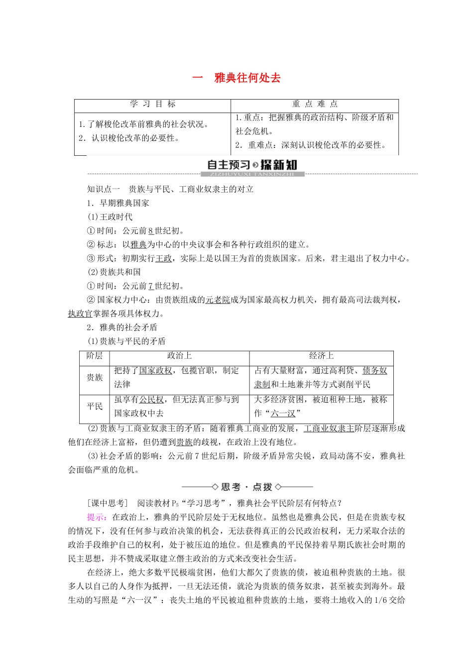 高中历史 专题1 梭伦改革 1 雅典往何处去学案 人民版选修1-人民版高二选修1历史学案_第1页