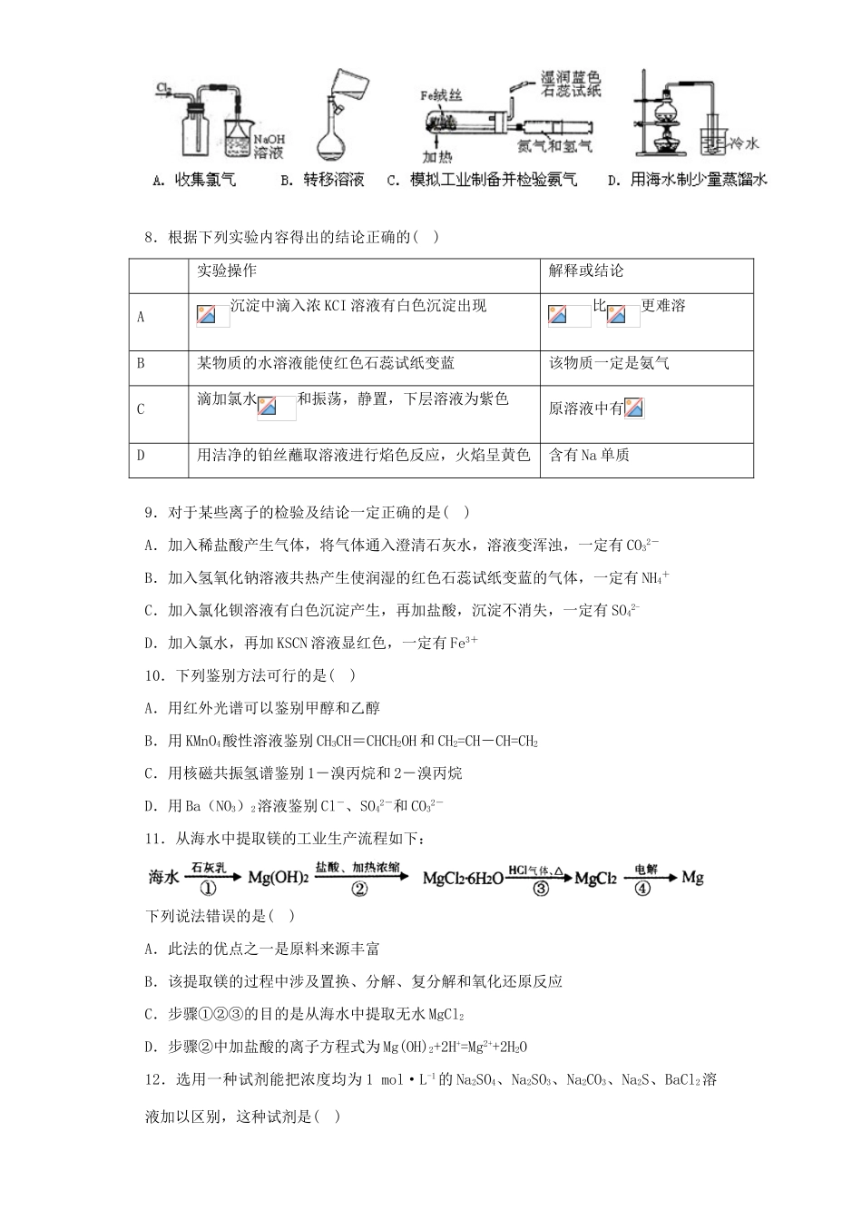 河南省光山二高高考化学复习 物质的分离提纯和检验考点突破精选题-人教版高三全册化学试题_第2页