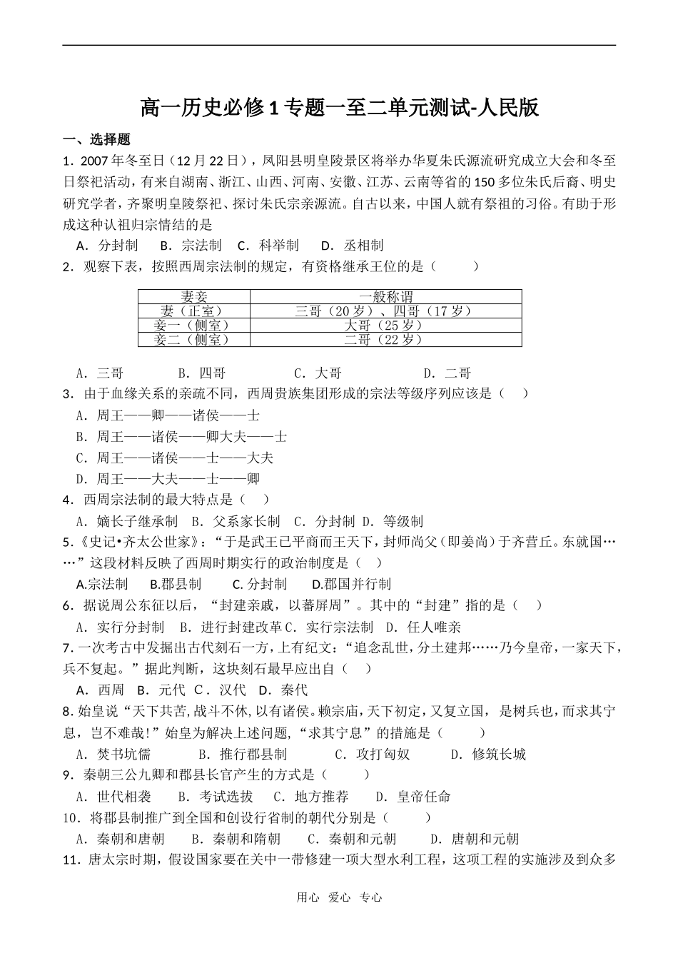 高一历史 专题一至二单元测试-人民版必修1_第1页