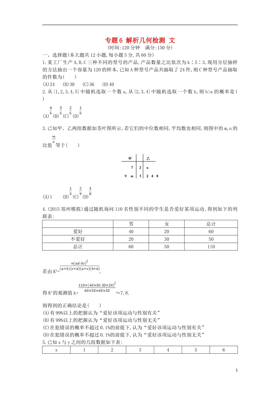 （新课标）高考数学二轮复习 专题6 解析几何检测 文-人教版高三全册数学试题_第1页