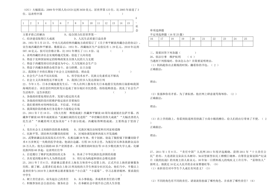 九年级政治第三次月考试卷 人教新课标版试卷_第2页