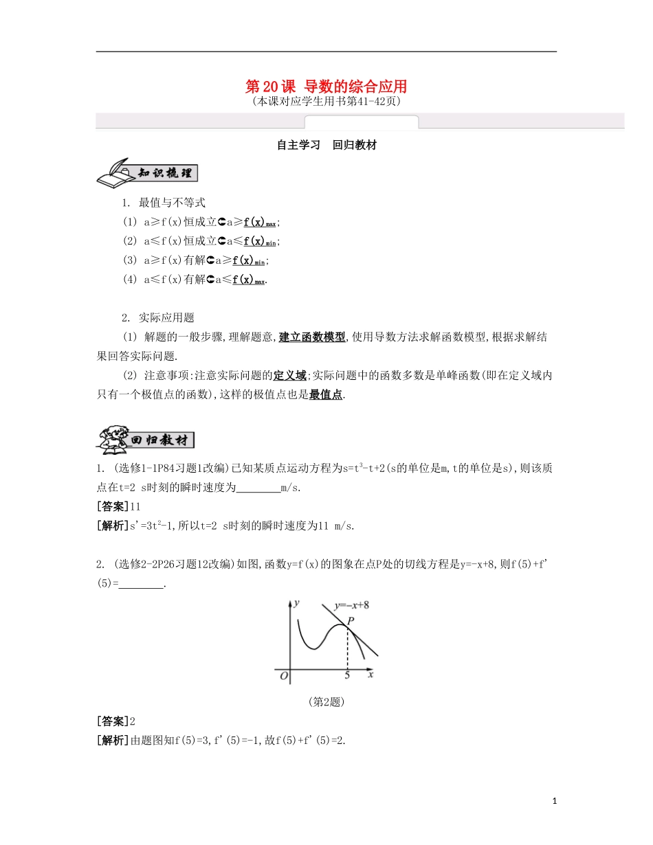 （江苏专用）高考数学大一轮复习 第三章 第20课 导数的综合应用自主学习-人教版高三全册数学试题_第1页