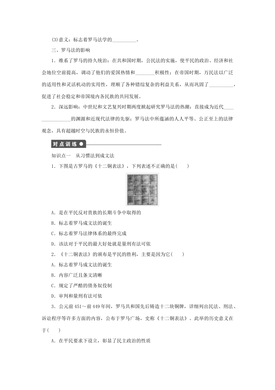 高中历史 专题六 古代希腊、罗马的政治文明 第3课 罗马人的法律课时作业 人民版必修1-人民版高一必修1历史试题_第2页