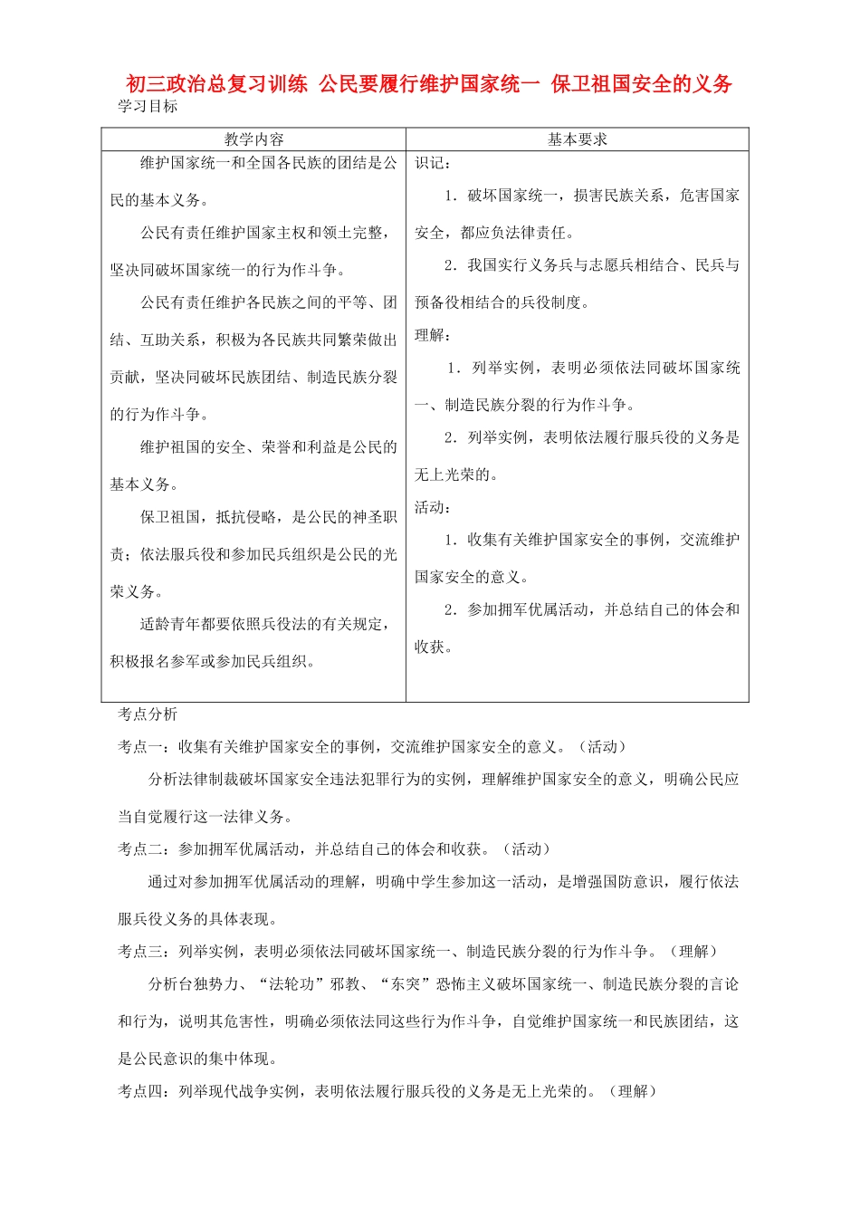 初三政治总复习训练 公民要履行维护国家统一 保卫祖国安全的义务 人教版 试题_第1页
