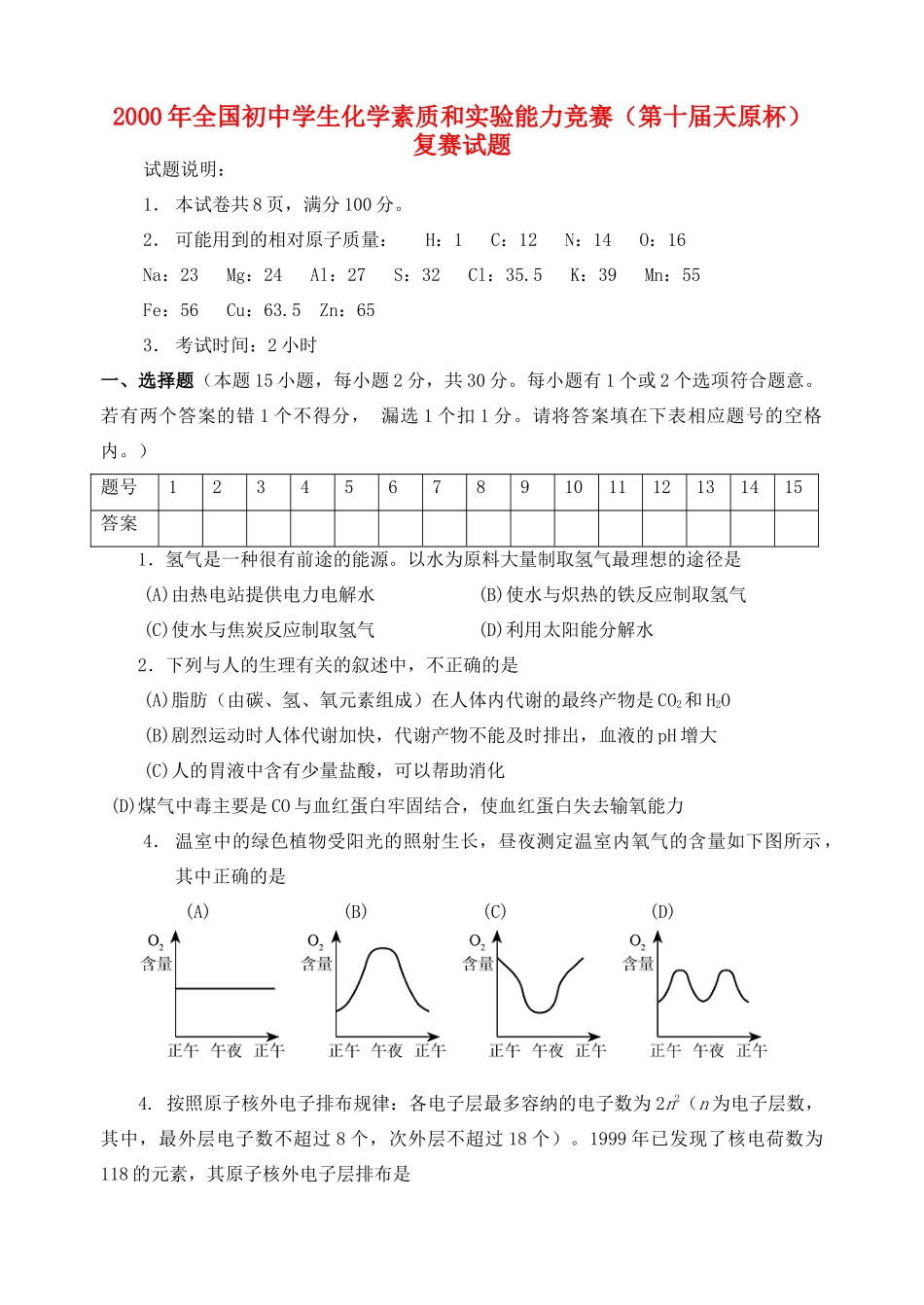 化学 素质和实验能力竞赛(第十届天原杯)复赛试题_第1页