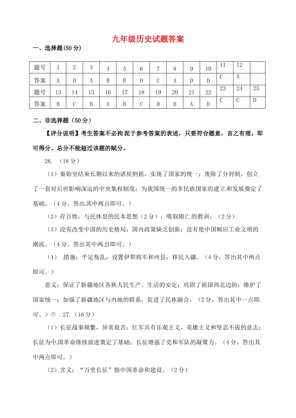 九年级历史学业水平模拟试卷答案 05_第1页