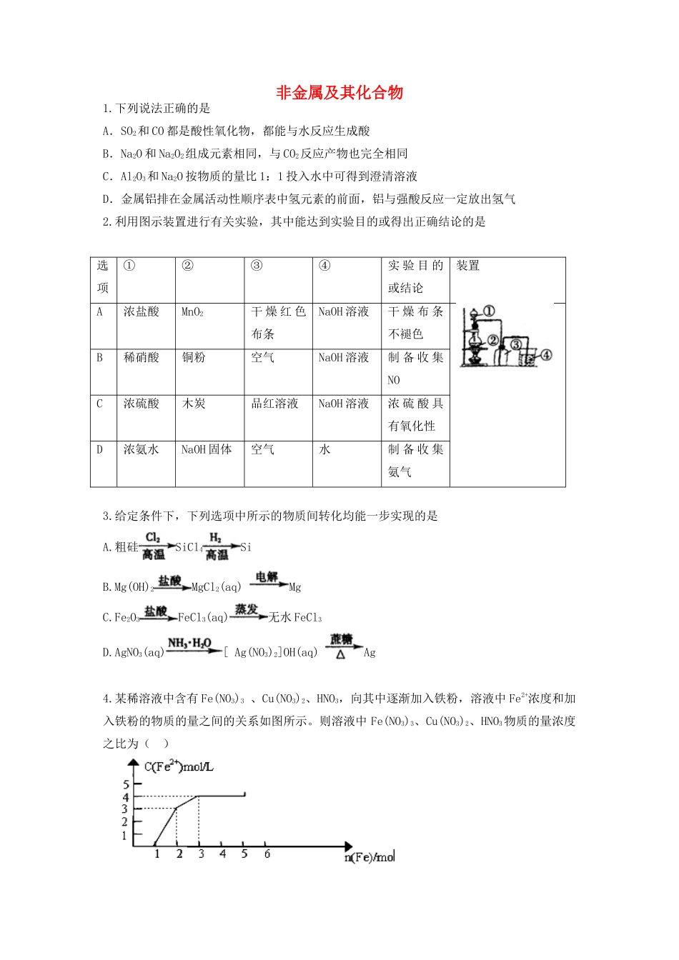 山东省枣庄市山亭区高三化学一轮复习 专题 非金属及其化合物-人教版高三全册化学试题_第1页