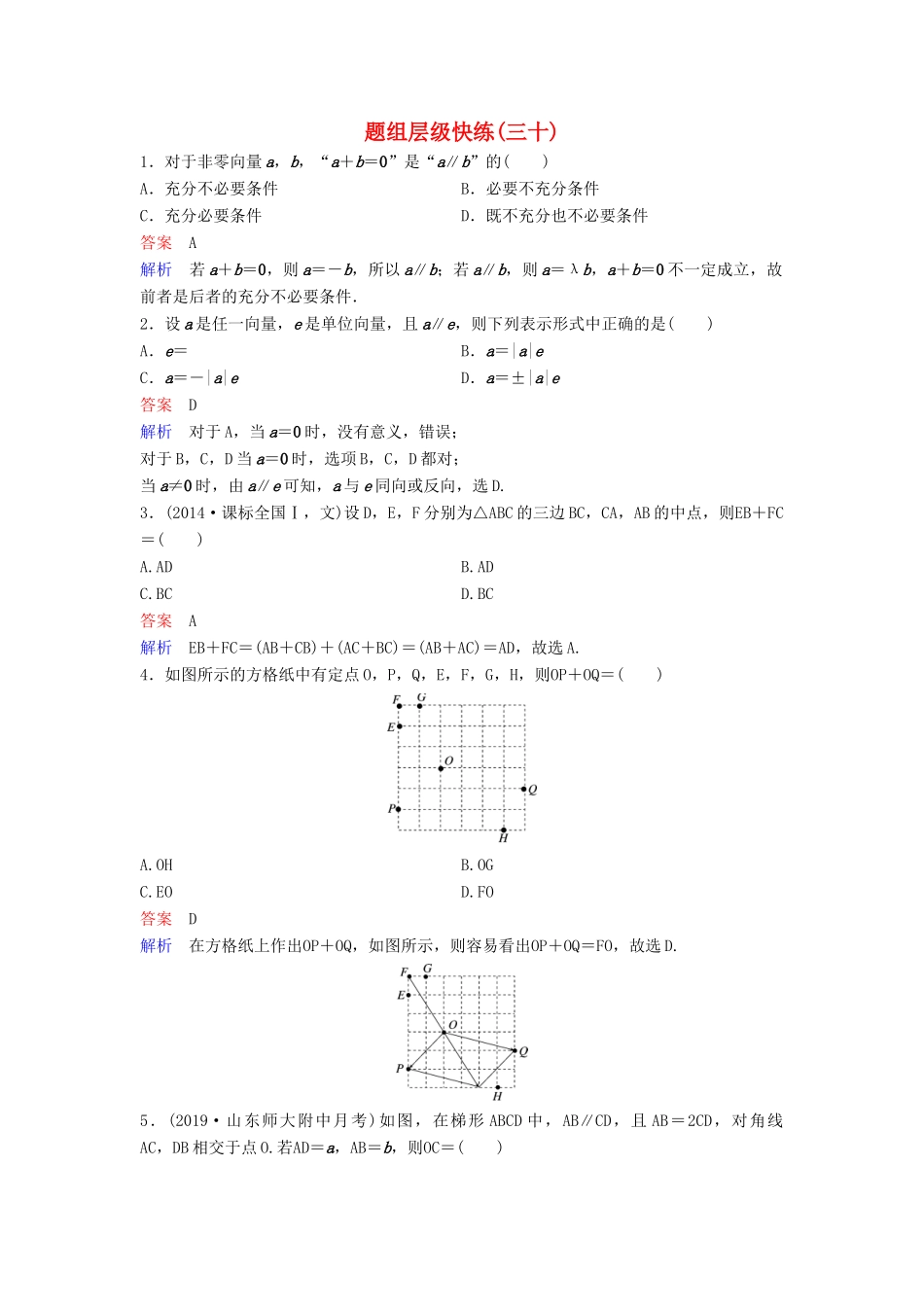 （新课标）高考数学大一轮复习 第五章 平面向量与复数 题组层级快练30 向量的概念及线性运算 文（含解析）-人教版高三全册数学试题_第1页