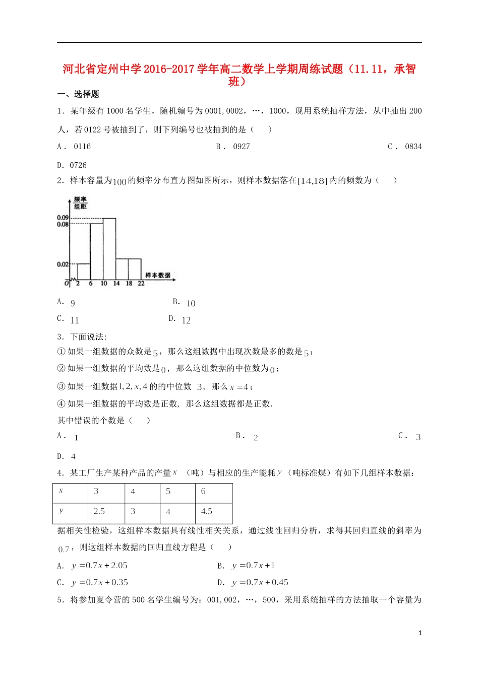 高二数学上学期周练试题（11.11，承智班）-人教版高二全册数学试题_第1页