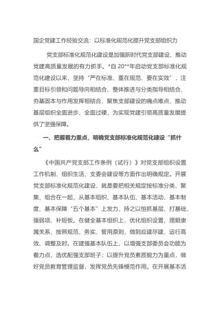 国企党建工作经验交流：以标准化规范化提升党支部组织力
