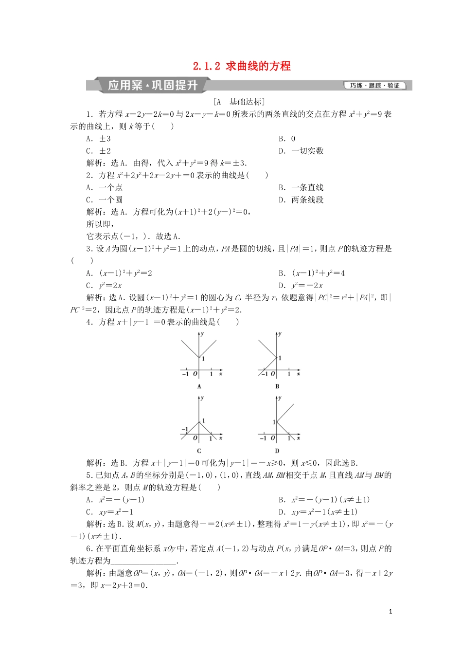 高中数学 第二章 圆锥曲线与方程 2.1.1 曲线与方程 2.1.2 求曲线的方程练习 新人教A版选修2-1-新人教A版高二选修2-1数学试题_第1页