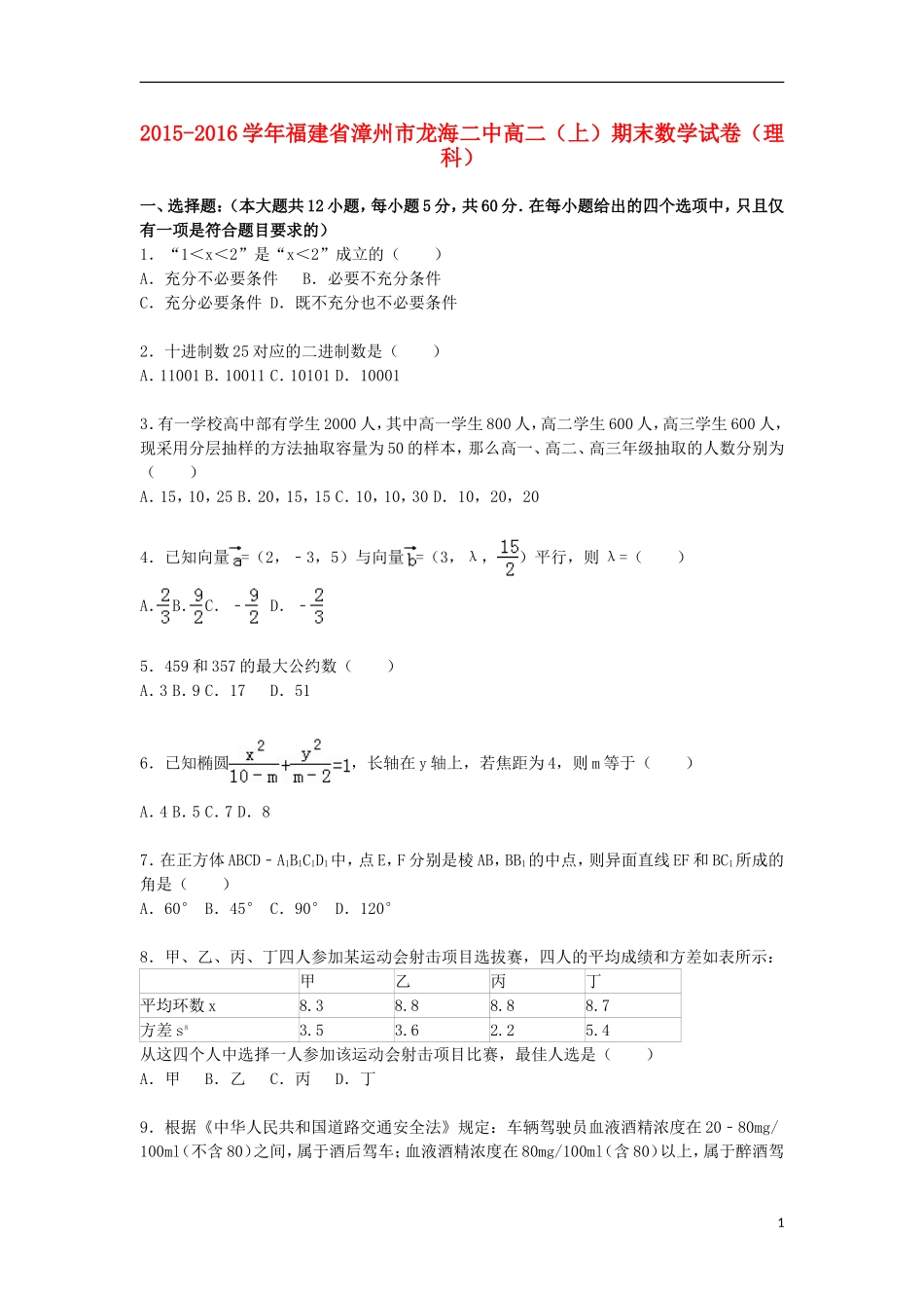 福建省漳州市龙海二中高二数学上学期期末试卷 理（含解析）-人教版高二全册数学试题_第1页