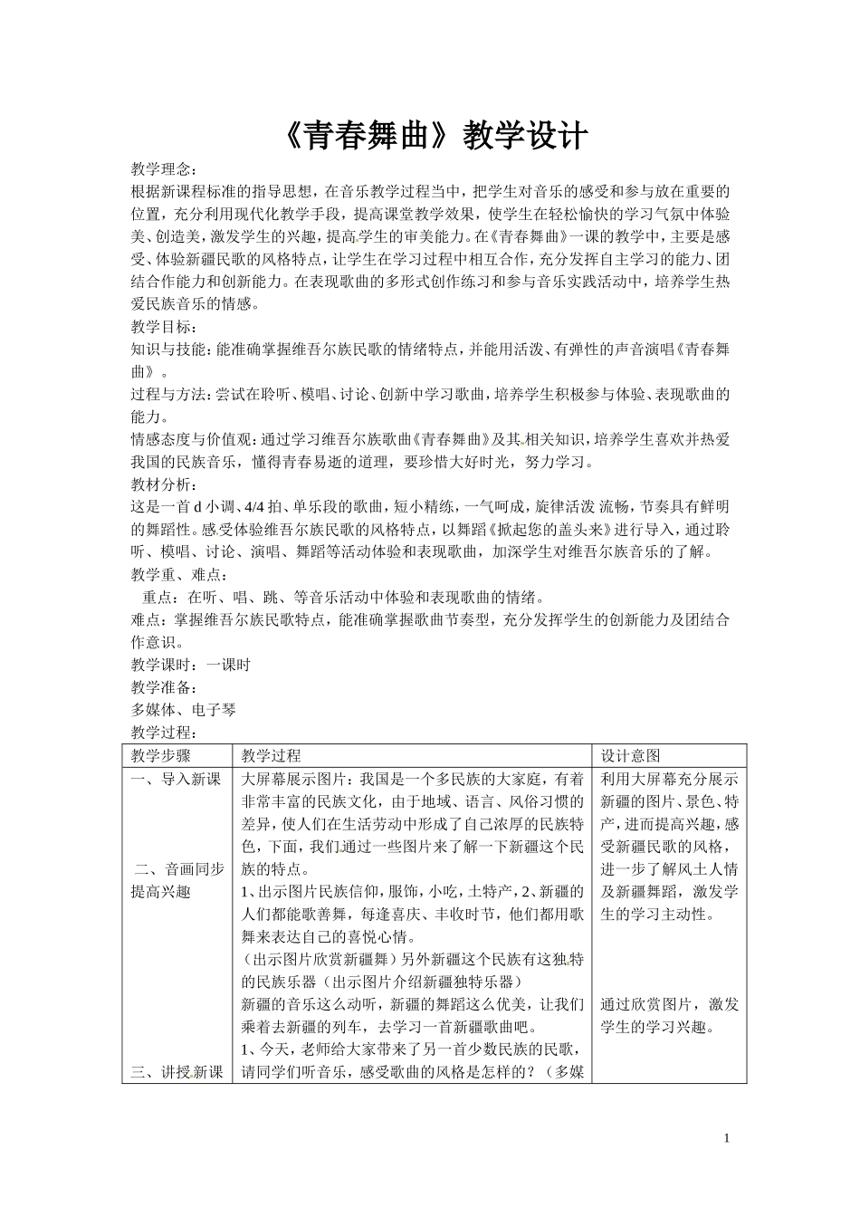 初中音乐《青春舞曲》教学设计-新人教版_第1页