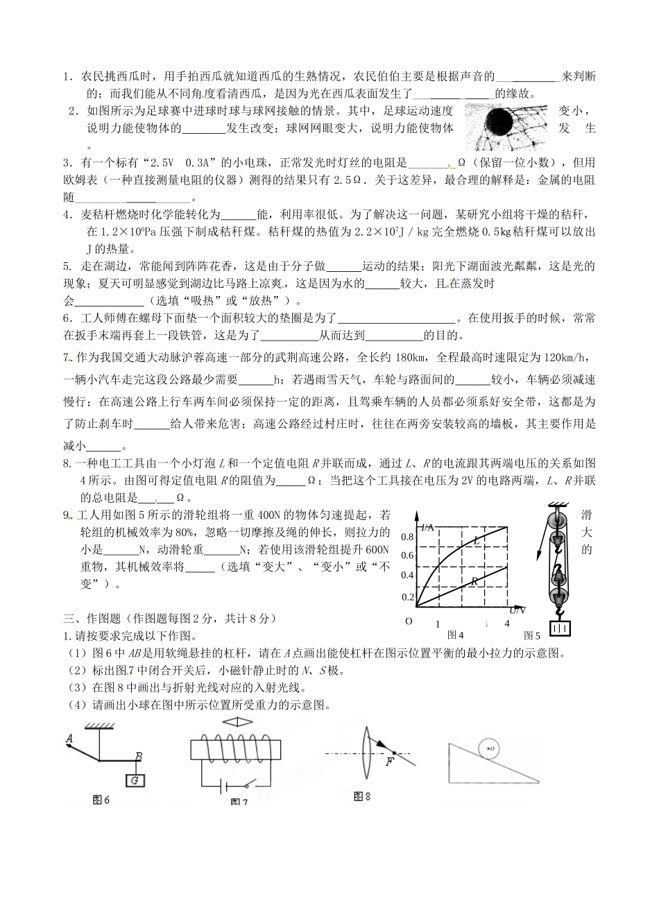 九年级物理下学期模拟考试试卷 新人教版试卷_第3页