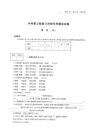中考语文第三轮复习冲刺专用模拟试卷(九)(pdf，无答案)试卷