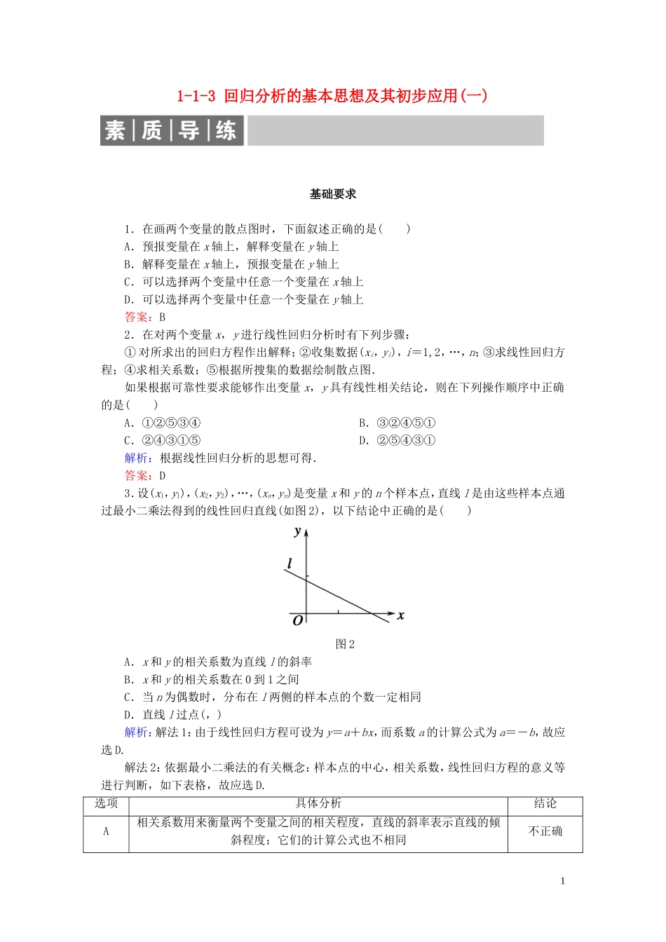 高中数学 第1章 统计案例 1-1-1 回归分析的基本思想及其初步应用(一) 练习 新人教A版选修1-2-新人教A版高二选修1-2数学试题_第1页