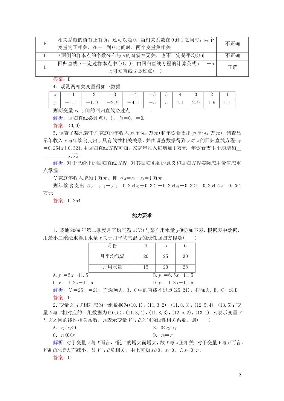高中数学 第1章 统计案例 1-1-1 回归分析的基本思想及其初步应用(一) 练习 新人教A版选修1-2-新人教A版高二选修1-2数学试题_第2页
