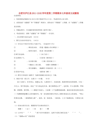 安徽省合肥市庐江县七年级语文下学期期末考试试卷 苏教版试卷