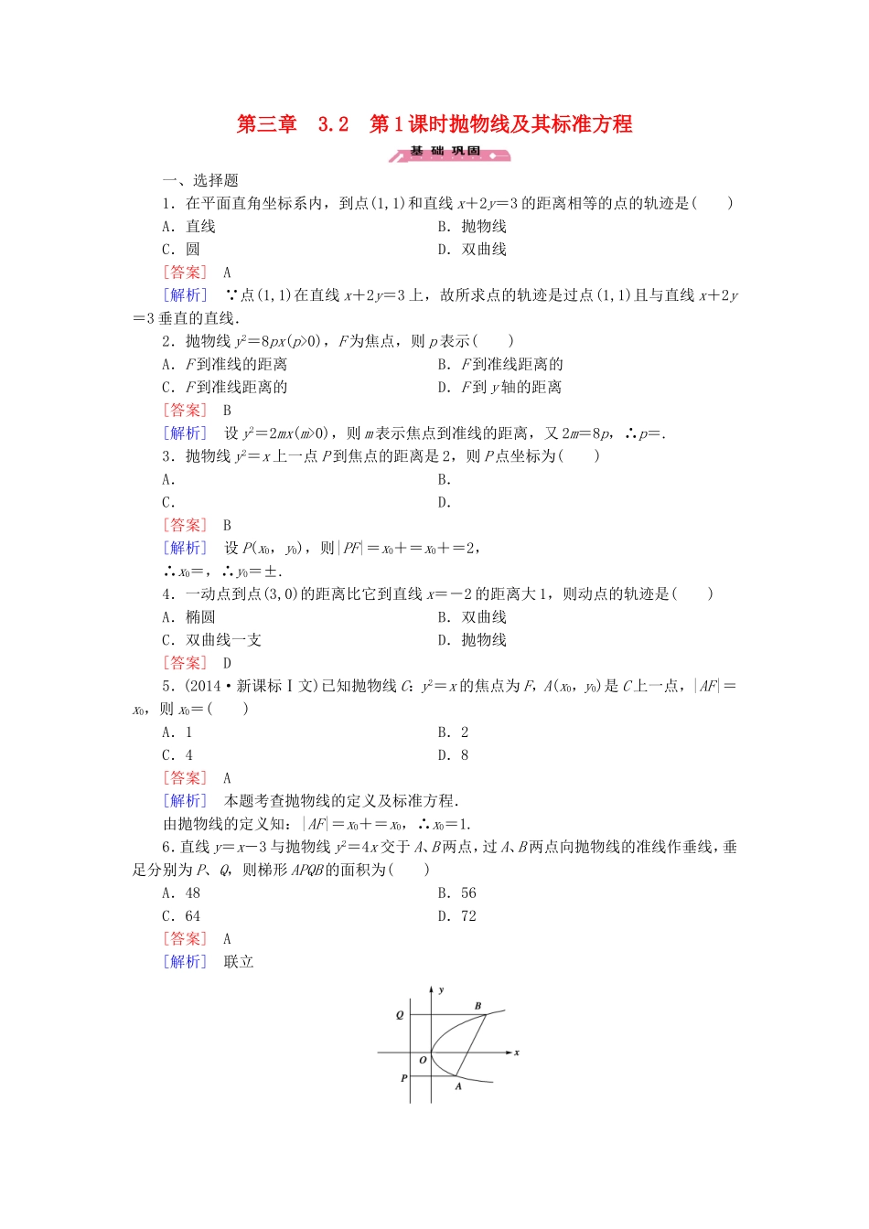 高中数学 3.2第1课时抛物线及其标准方程练习 北师大版选修2-1-北师大版高二选修2-1数学试题_第1页