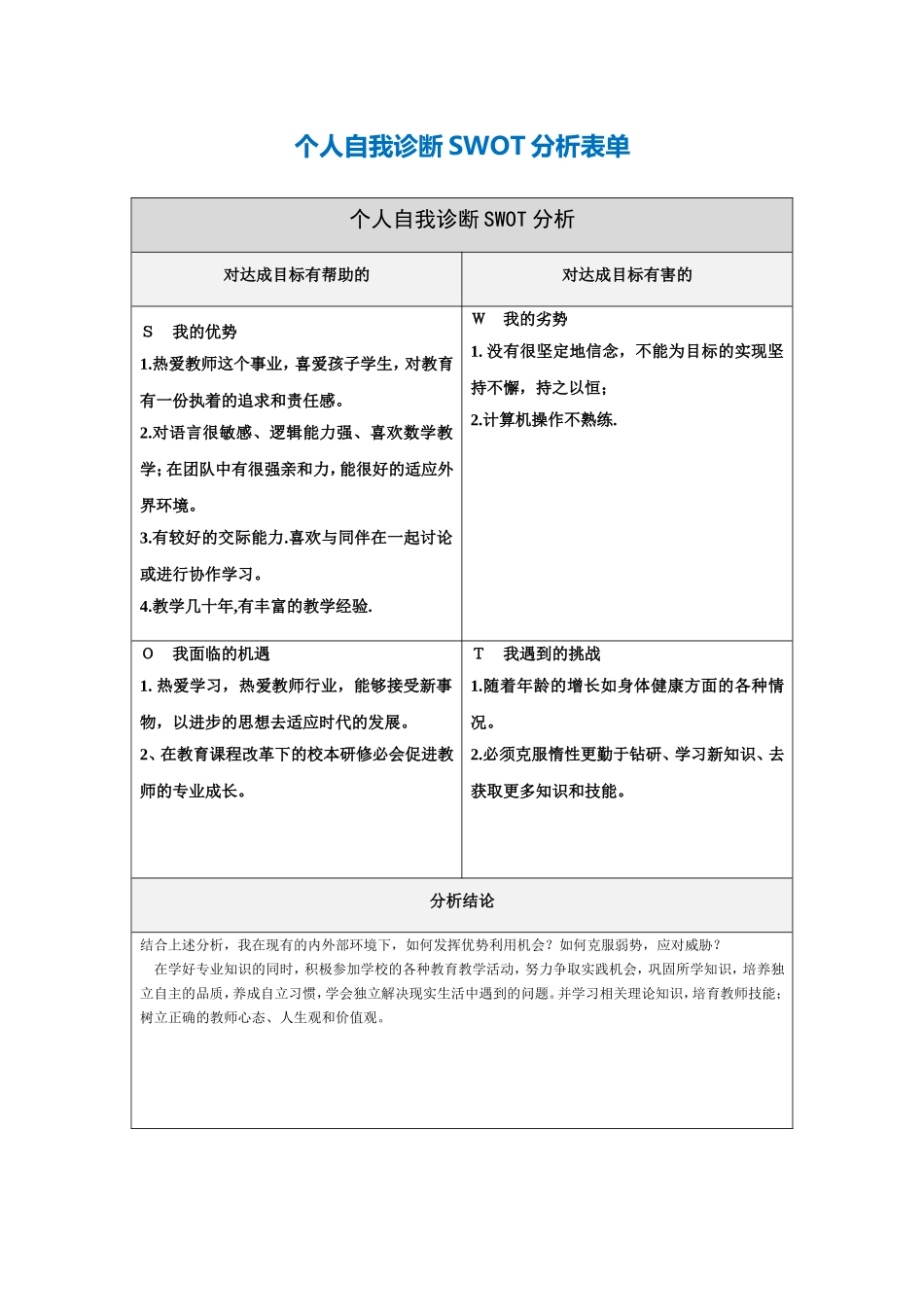 第一步骤所需文档：刘俊兰个人自我诊断SWOT分析表(4)_第1页