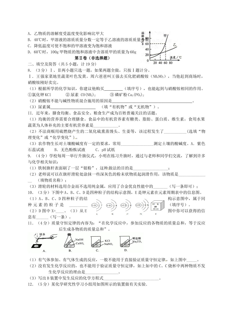 初中化学毕业学业考试模拟试题(无答案) 试题_第2页